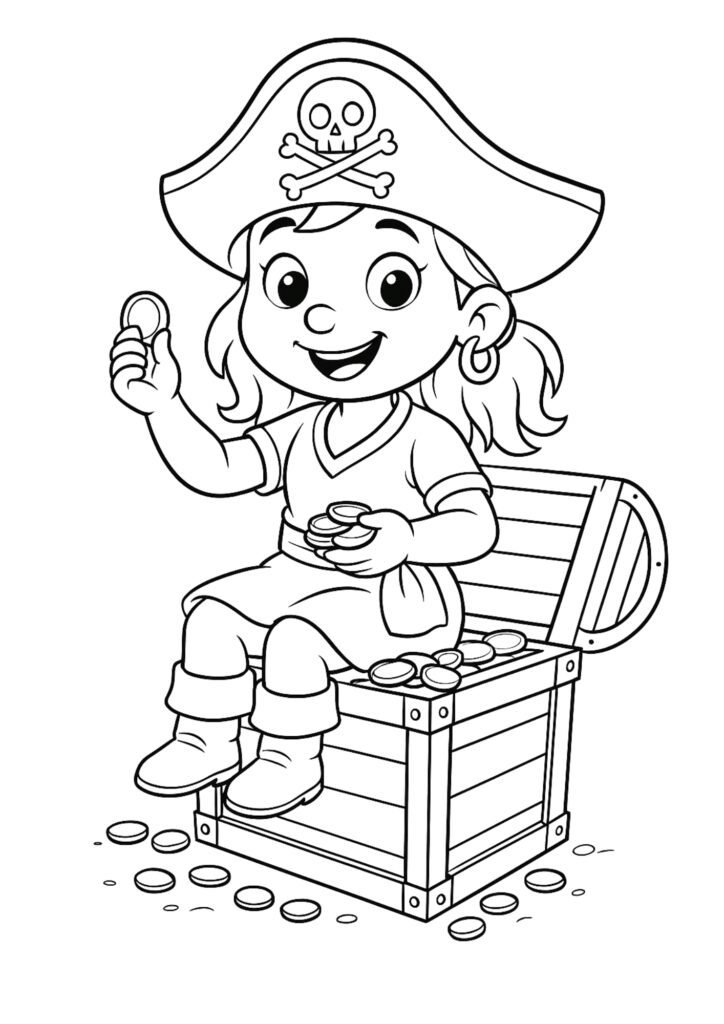 Baú do tesouro pirata cheio de moedas para colorir