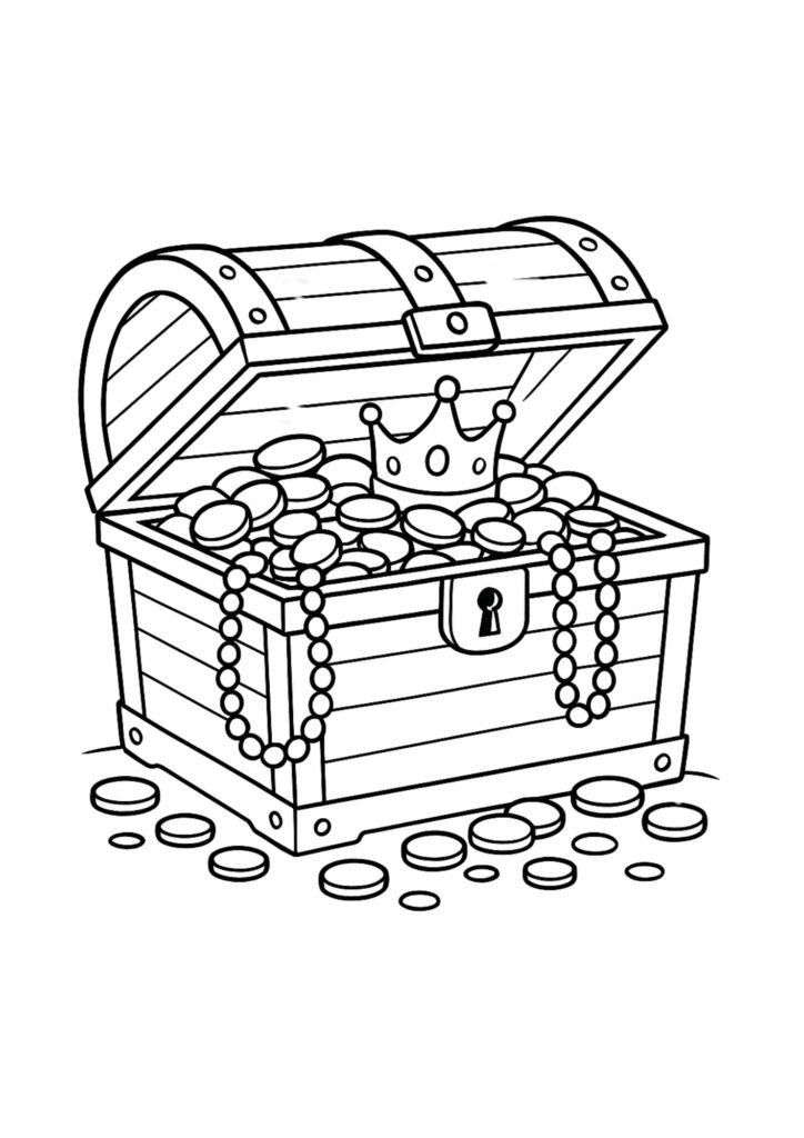 Baú do tesouro pirata cheio de moedas para colorir