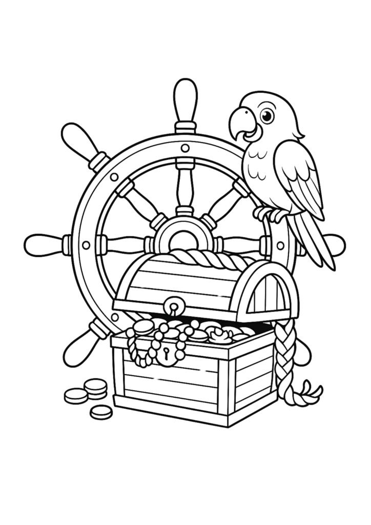 Baú do tesouro pirata cheio de moedas para colorir