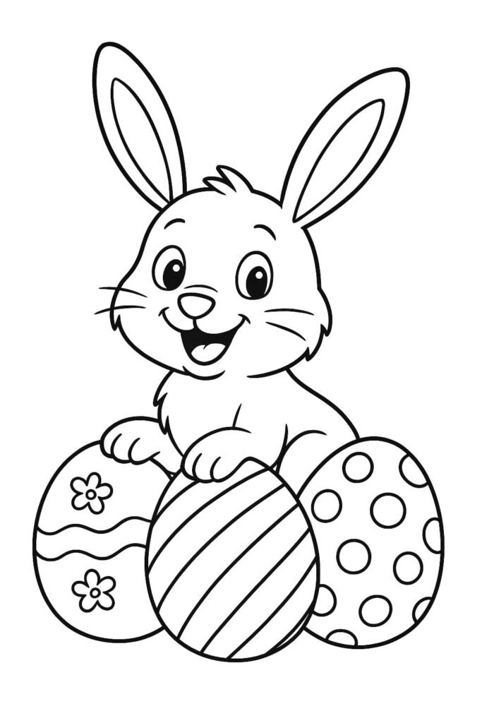 Desenho de coelho para colorir segurando ovo de Páscoa