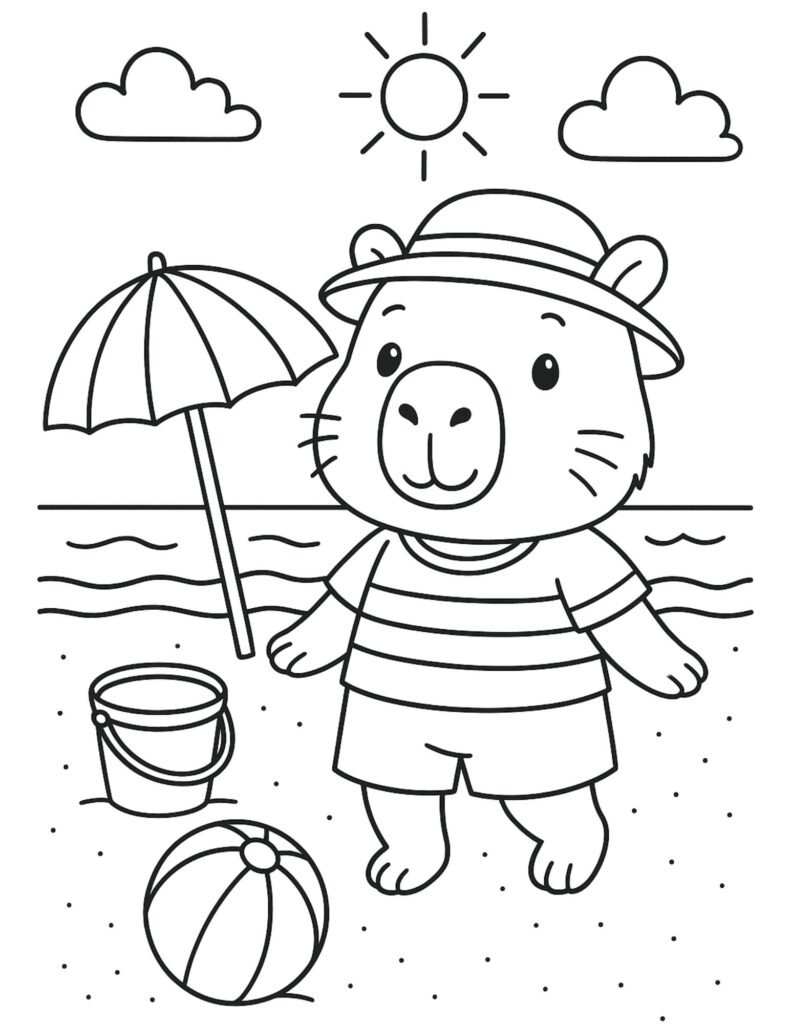 capivara para colorir brincando na praia