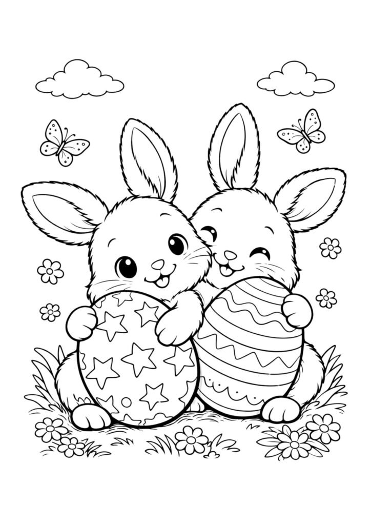 Coelhinhos abraçando ovos decorados