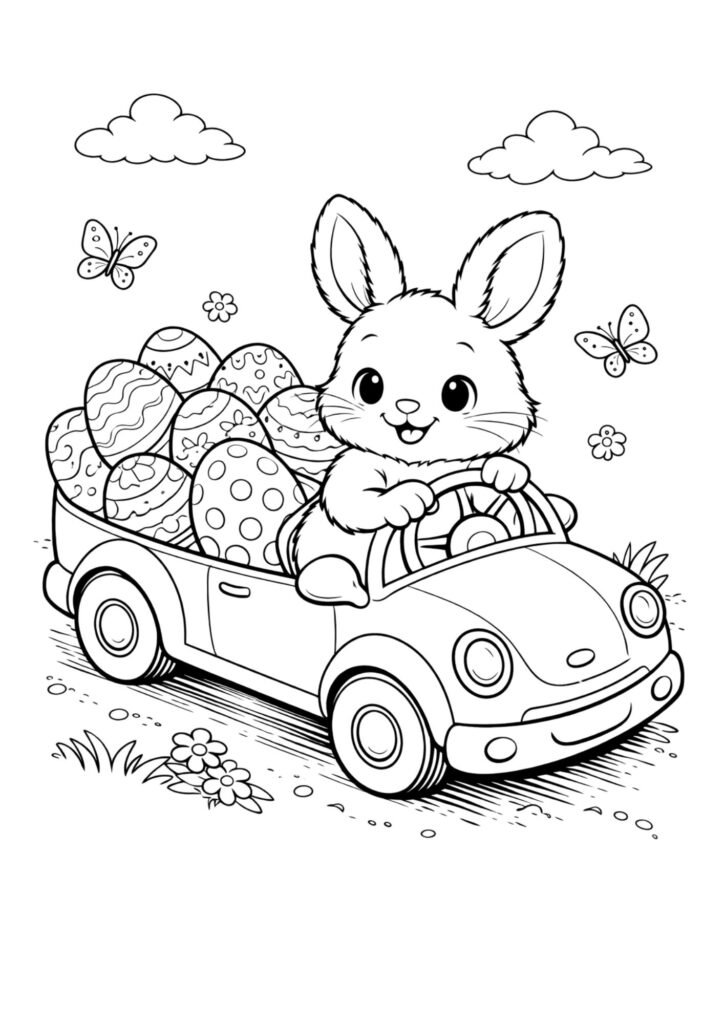 Coelhinho dirigindo um carro cheio de ovos
