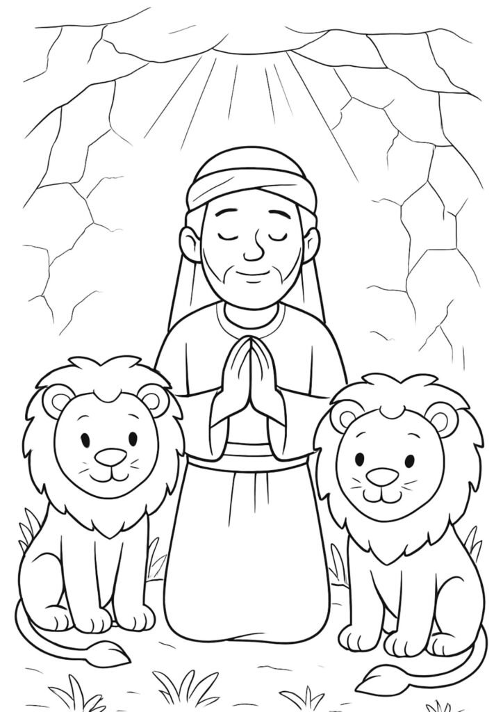 Daniel kneeling in prayer inside the lions’ den, surrounded by friendly lions, Bible coloring page for children.