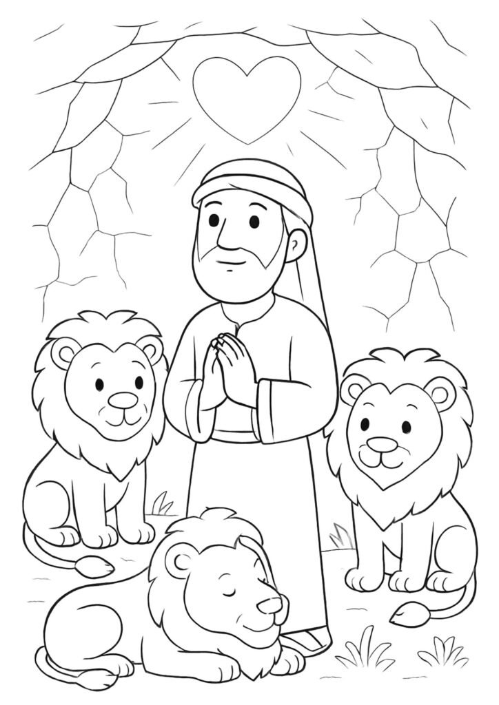 Daniel standing in the lions’ den surrounded by gentle lions, with a heart-shaped beam of light above, Bible coloring sheet.