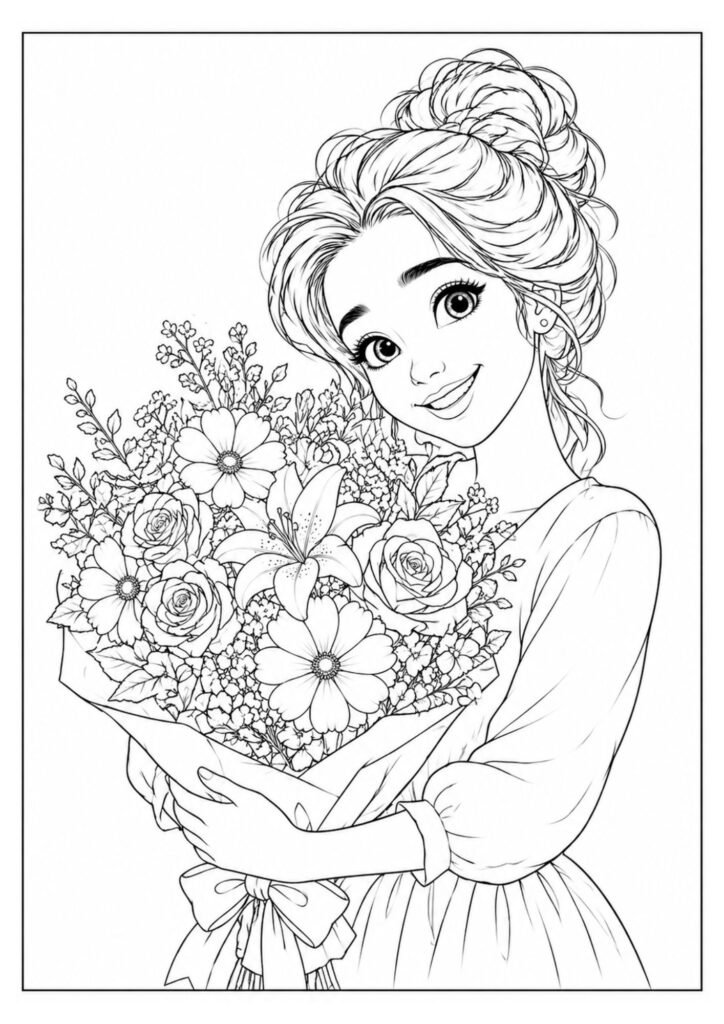 desenho Mãe com buquê de flores
