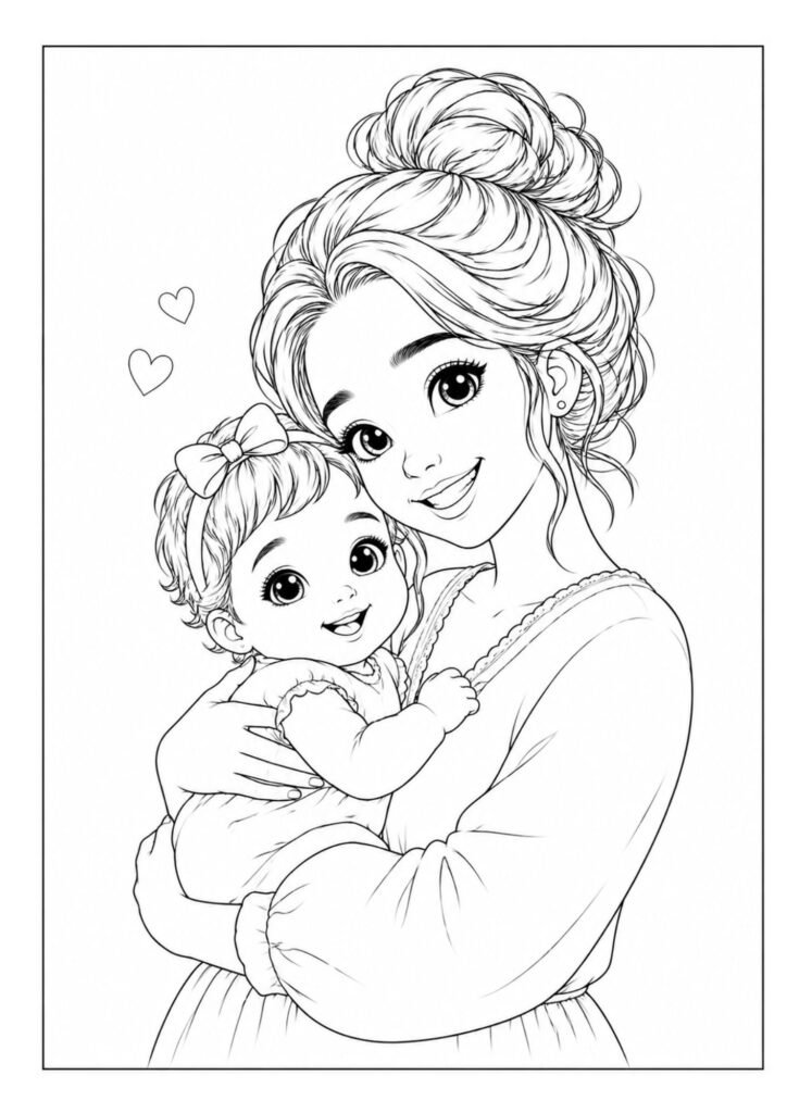 desenho para colorir Mãe e bebê estilo fofinho