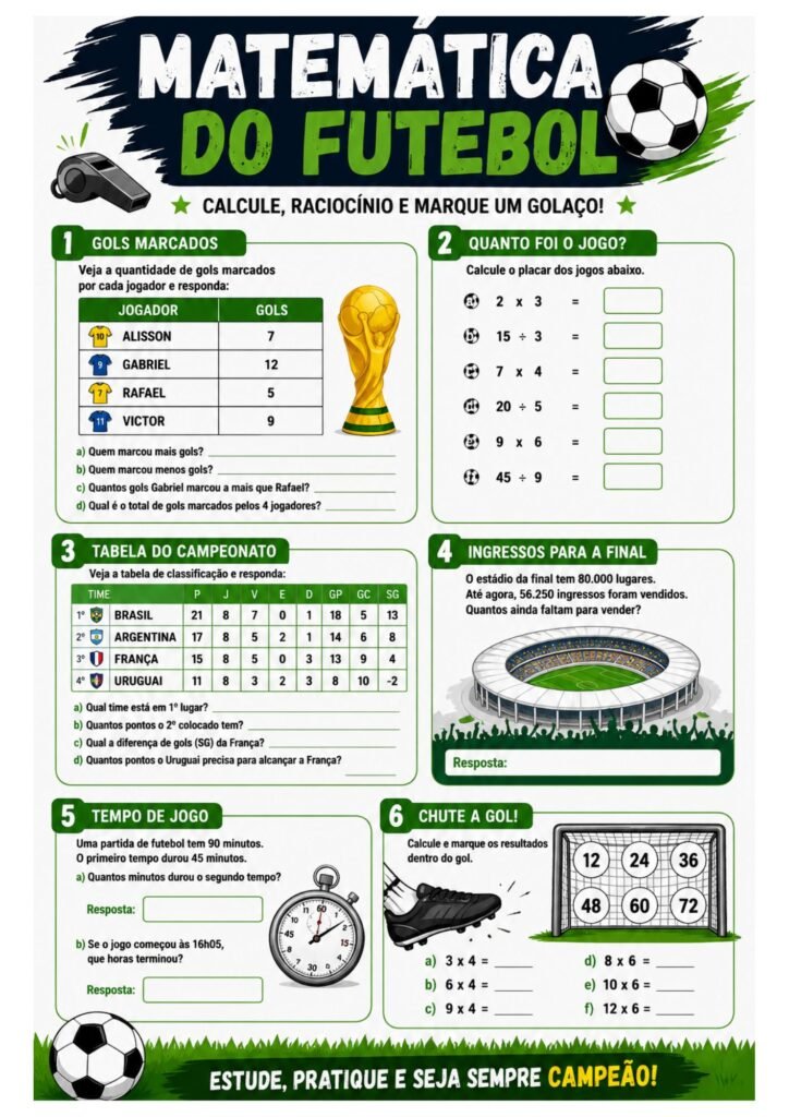 Matemática do Futebol – Atividades Infantis Educativas da Copa