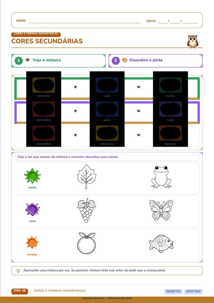 Exercício educativo para identificar e aprender as cores primárias e secundárias