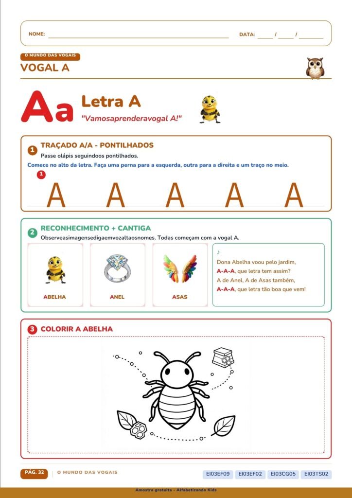 Exercício de coordenação e escrita da letra A maiúscula e minúscula