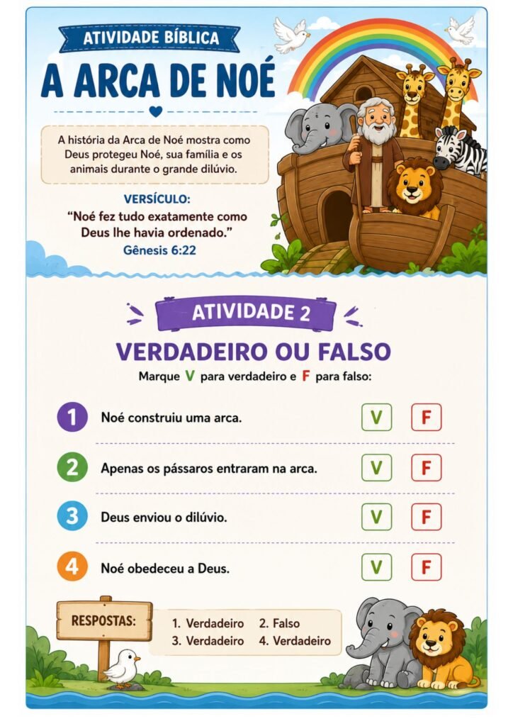 Atividade verdadeiro ou falso sobre a história da Arca de Noé para crianças