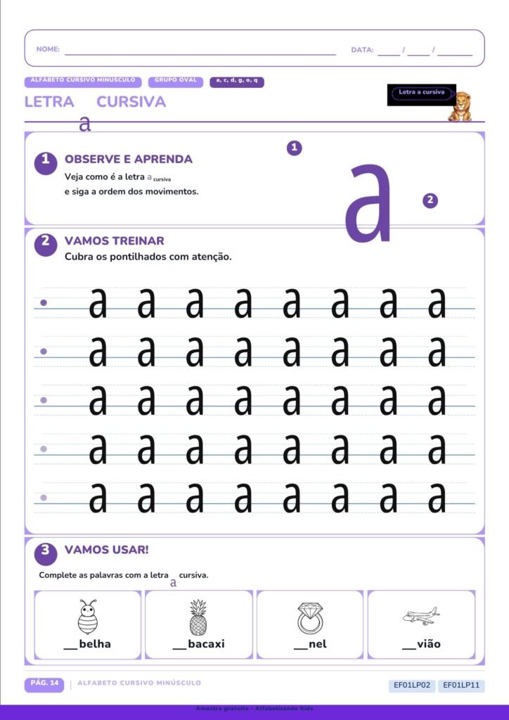 Exercícios de caligrafia e escrita cursiva para alfabetização