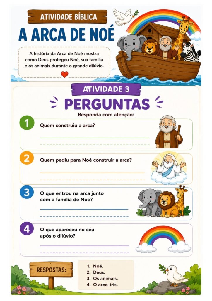 Perguntas bíblicas infantis sobre a Arca de Noé para imprimir
