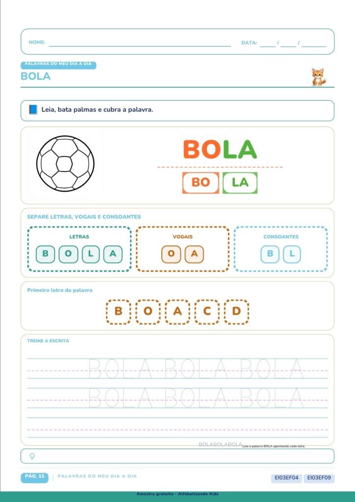 Atividade de alfabetização com sílabas e palavras iniciadas pela letra B