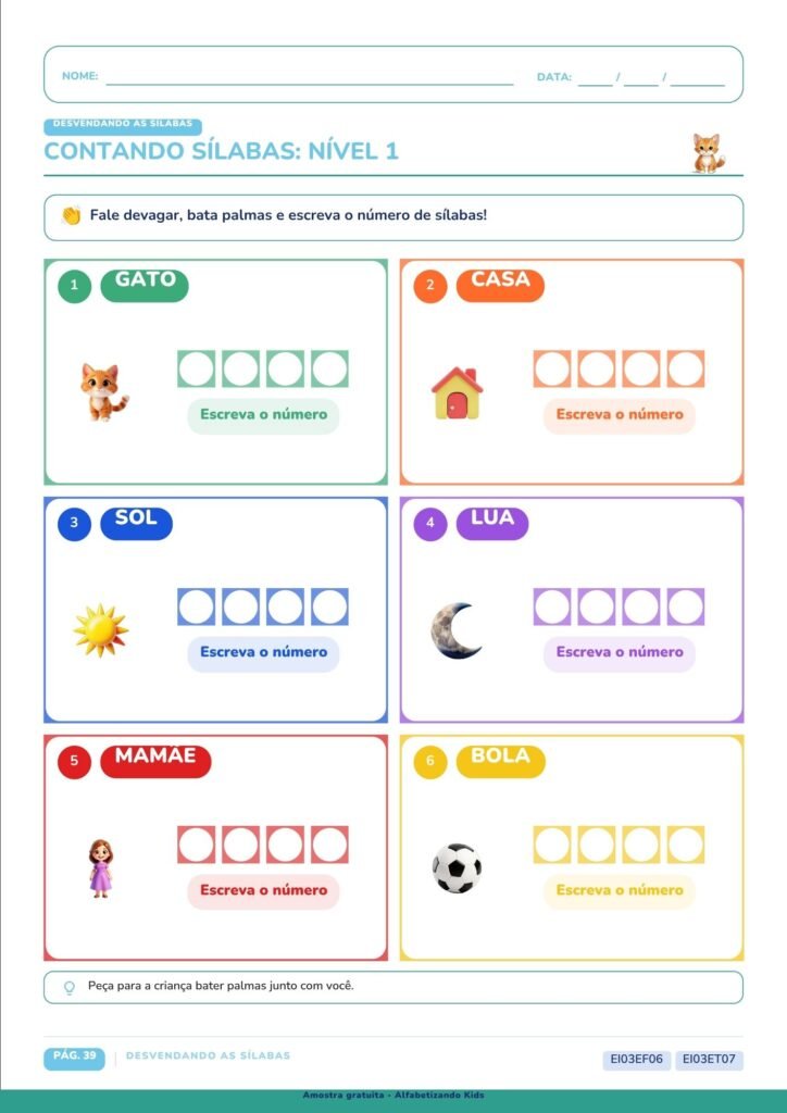 Exercício para desenvolver consciência fonológica e leitura de sílabas