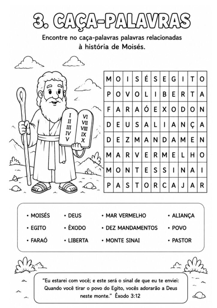 Caça-Palavras de Moisés para Imprimir – Atividade Bíblica Infantil Caça-palavras da história de Moisés para imprimir com desenho de Moisés segurando os Dez Mandamentos para colorir.