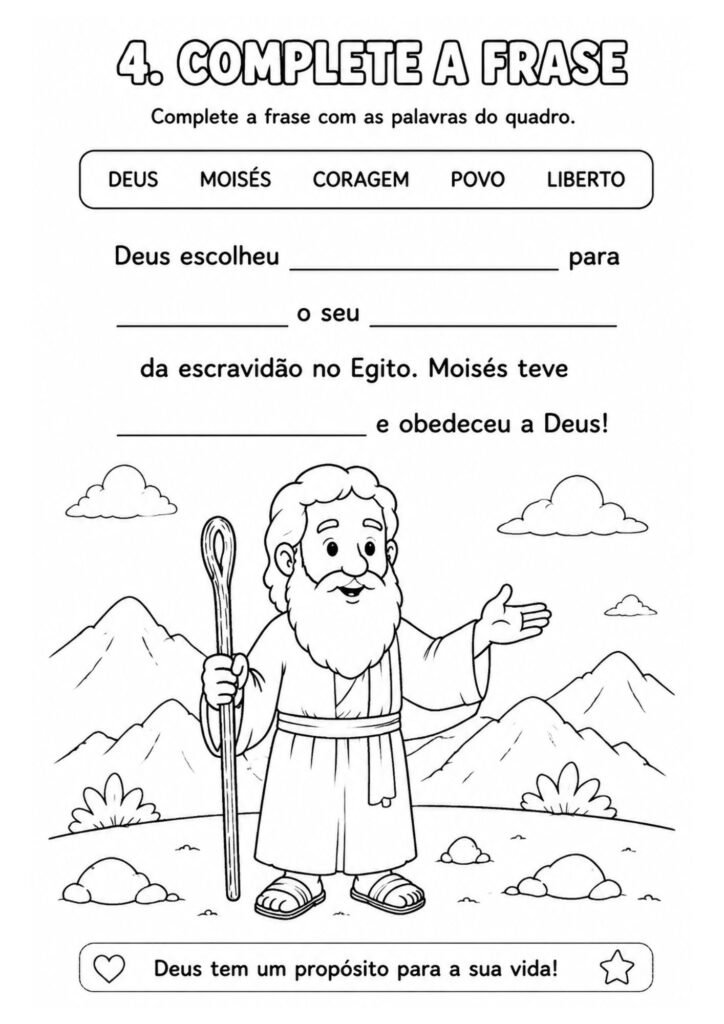 Complete a Frase sobre Moisés – Atividade Bíblica para Imprimir Atividade bíblica infantil para completar frases sobre Moisés com desenho para colorir e banco de palavras.
