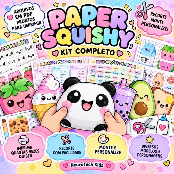 Kit completo de Paper Squishy da NeuroTech Kids em PDF para imprimir, recortar, montar e personalizar brinquedos de papel estilo kawaii.