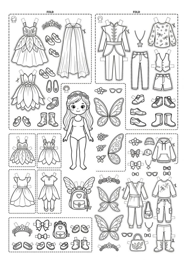 Boneca fada de papel para imprimir e colorir, com asas, roupas e acessórios para recortar e criar diferentes combinações.