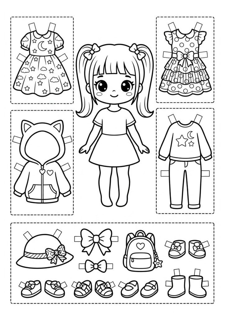Boneca kawaii de papel para imprimir, colorir, recortar e vestir. Crie looks diferentes com roupas e acessórios.
