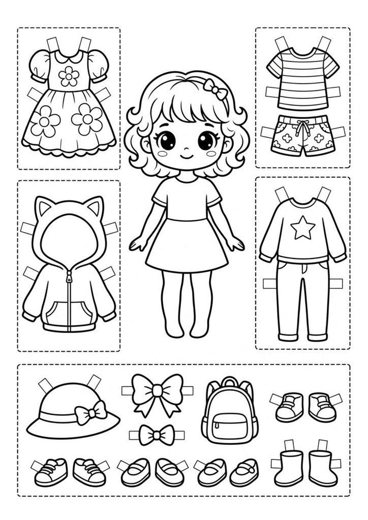 Boneca menina fofa de papel para imprimir e colorir, com roupas para recortar e trocar.