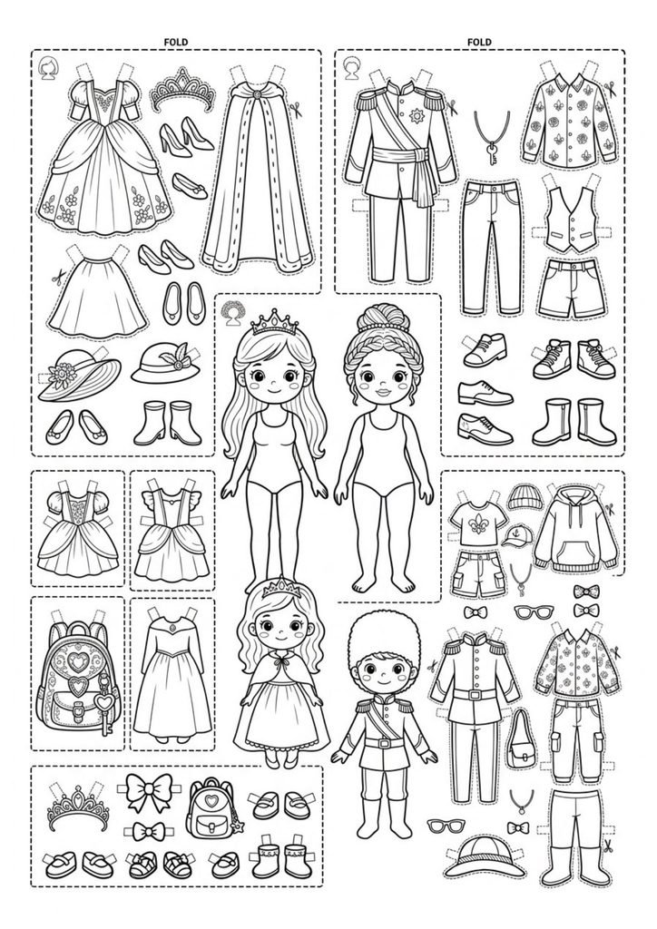 Boneca princesa de papel para imprimir, colorir, recortar e vestir com vestidos, acessórios e diferentes looks.