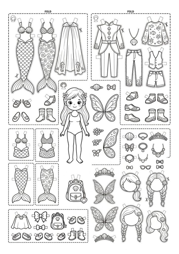 Boneca sereia de papel para imprimir, colorir, recortar e vestir com caudas, roupas e acessórios.