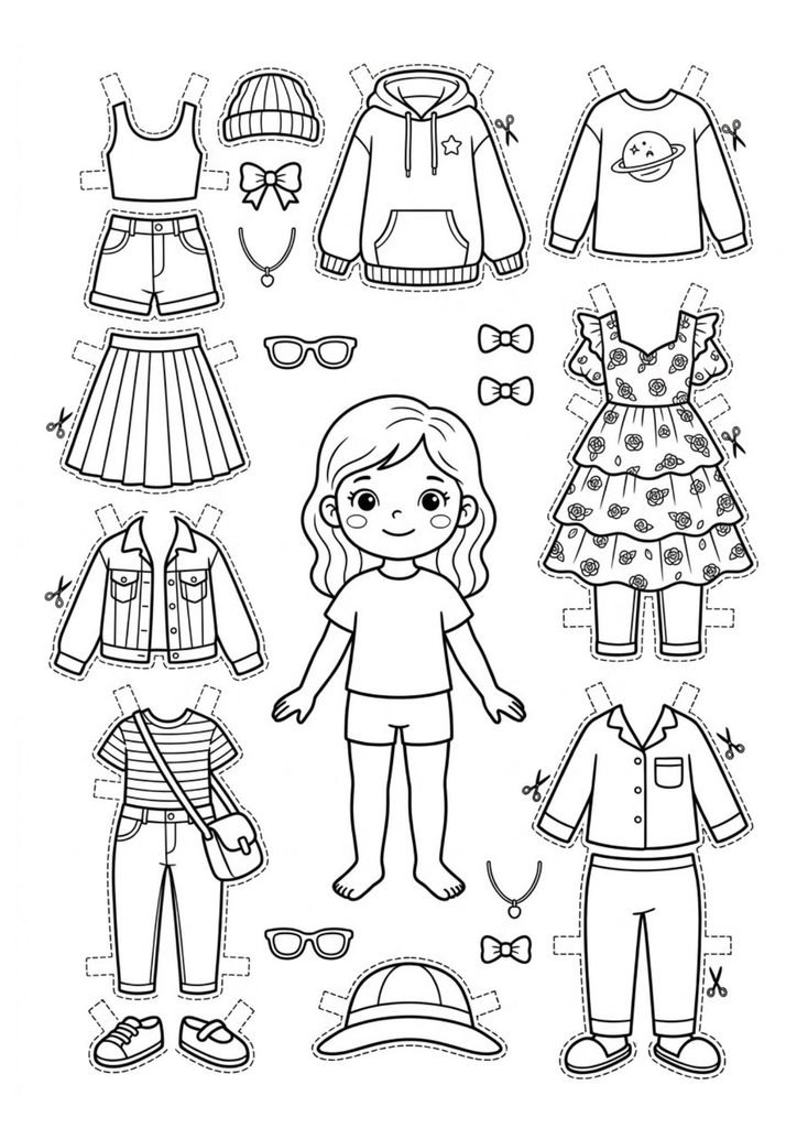 Boneca de papel adolescente para imprimir com diferentes roupas e estilos para colorir, recortar e vestir.