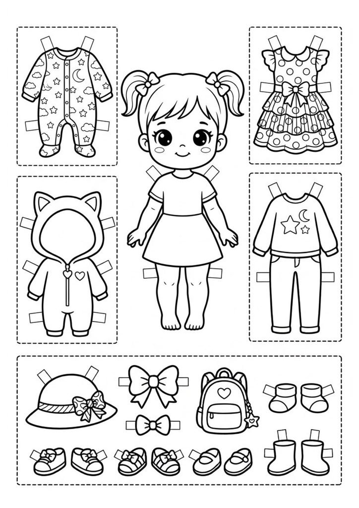 Boneca de papel bebê para imprimir e colorir com roupinhas, acessórios e peças para recortar e vestir.
