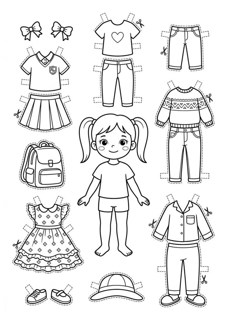 Boneca de papel de criança para imprimir, colorir, recortar e vestir com diferentes roupas e acessórios.