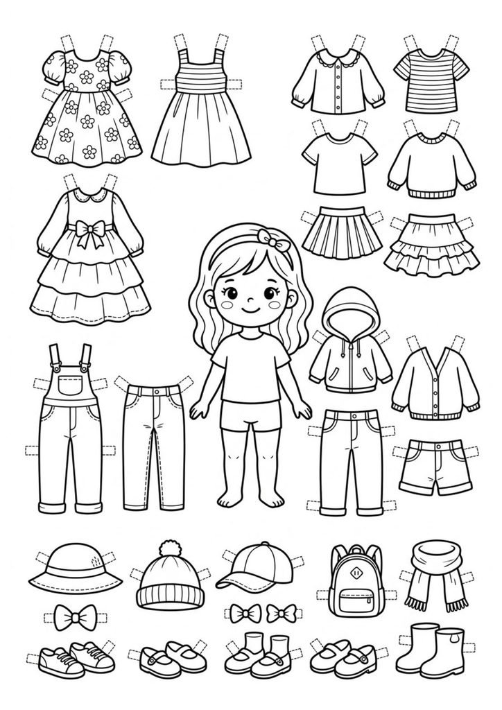 Boneca de papel com guarda-roupa completo para imprimir, colorir e recortar, com várias opções de roupas e acessórios.