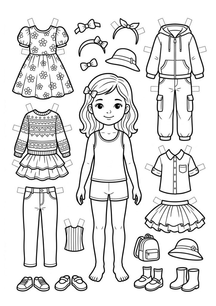 Imprima uma boneca de papel com roupas para colorir, recortar e trocar. Uma atividade criativa e divertida para crianças.