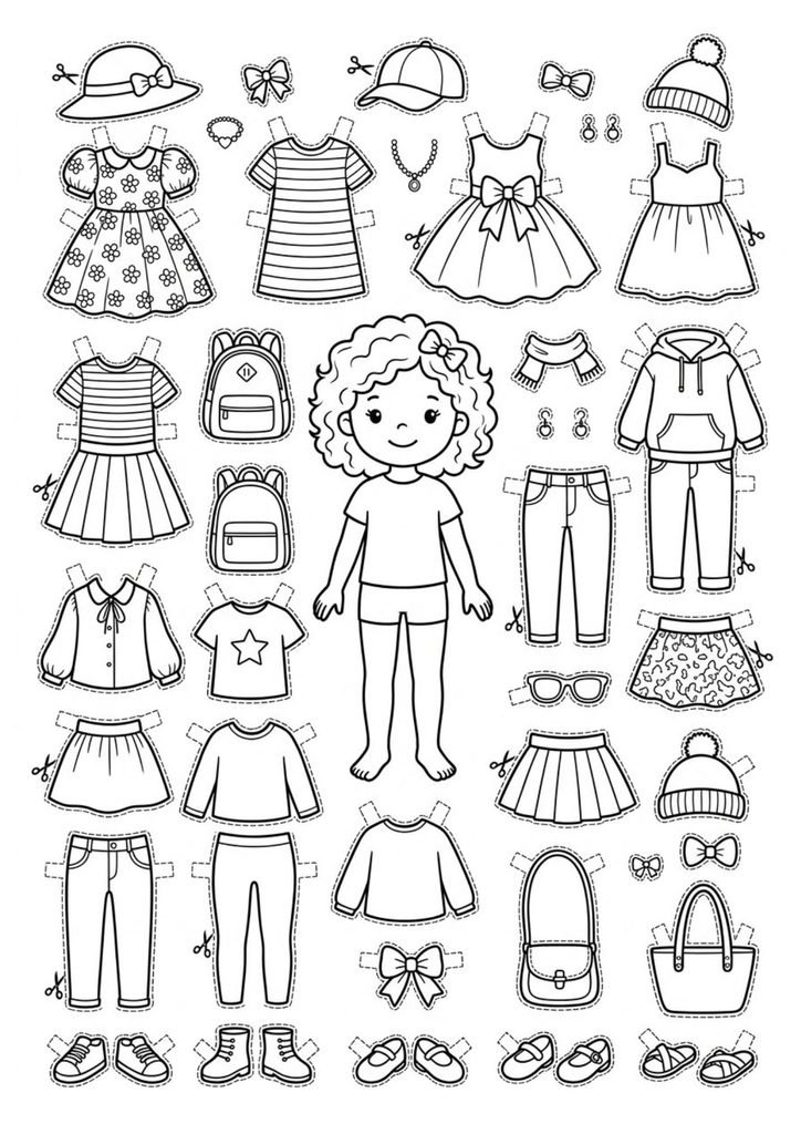 Boneca de papel com roupas, sapatos e acessórios para imprimir, colorir, recortar e montar diferentes looks.