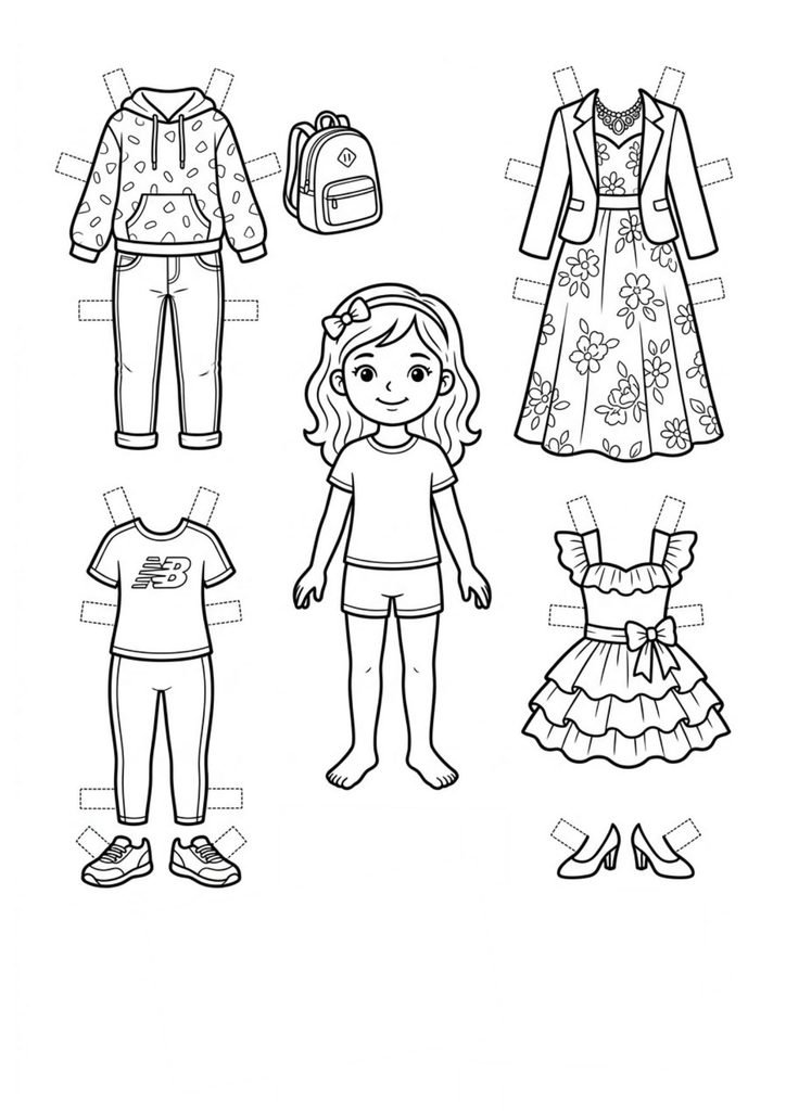 Boneca de papel com várias roupas para imprimir, colorir e recortar. Crie diferentes combinações de looks para a boneca.