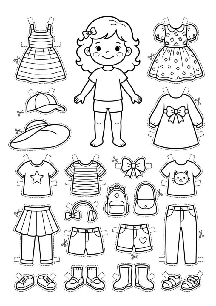 Boneca de papel para colorir, recortar e vestir. Escolha as roupas, pinte as peças e crie diferentes looks.