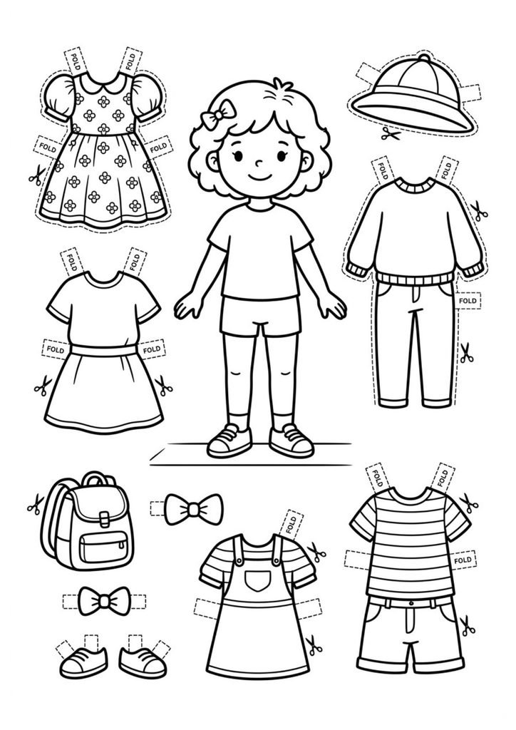 Boneca de papel para imprimir, recortar, colorir e vestir. Uma atividade divertida com roupas e acessórios para brincar.
