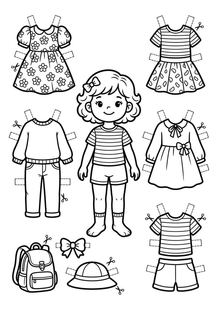 Boneca de papel para recortar e vestir com roupas e acessórios separados. Imprima, pinte e crie diferentes combinações.
