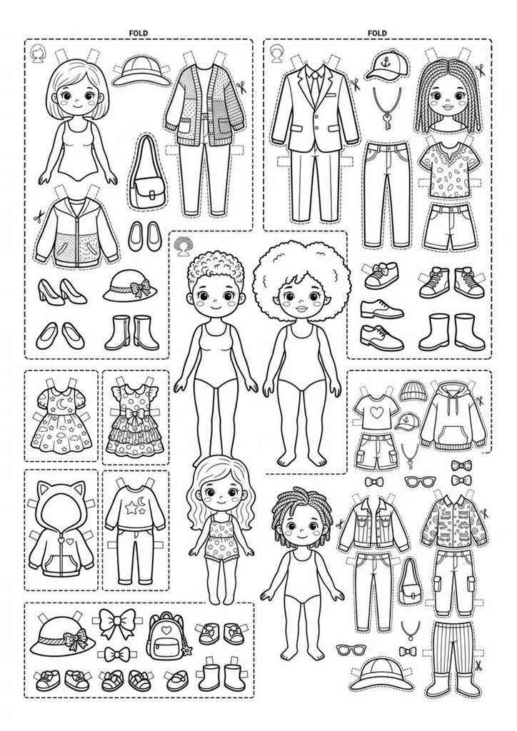 Bonecas de papel com diferentes cabelos e estilos para imprimir, colorir, recortar e vestir com roupas variadas.