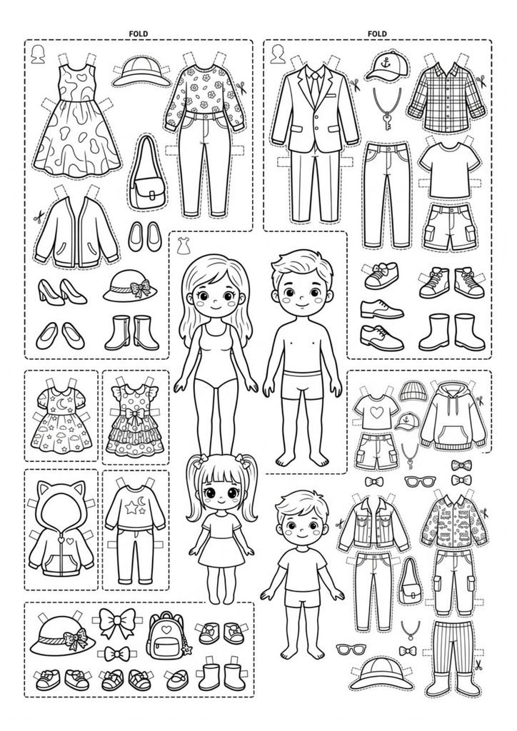 Família de bonecas de papel para imprimir, colorir, recortar e vestir. Uma atividade criativa para brincar com diferentes personagens.