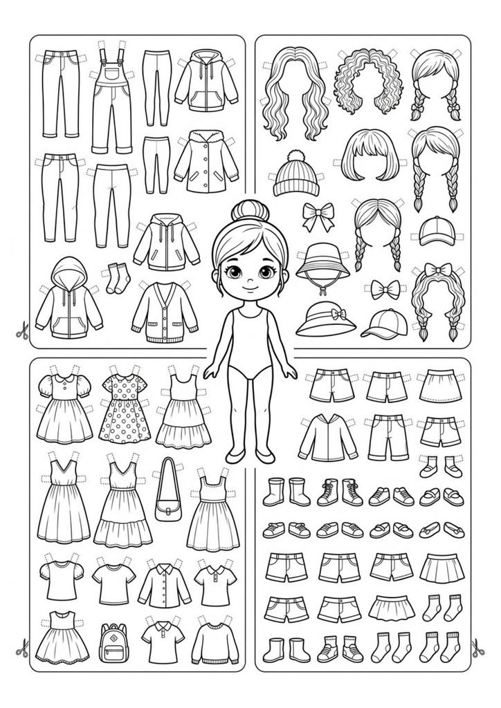 Kit de boneca de papel para imprimir com roupas e acessórios. Uma atividade criativa para colorir, recortar e brincar.