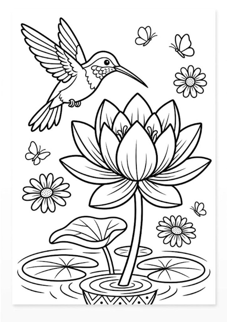 Desenho de beija-flor voando sobre uma flor de lótus em um lago, com borboletas e margaridas, para colorir.
