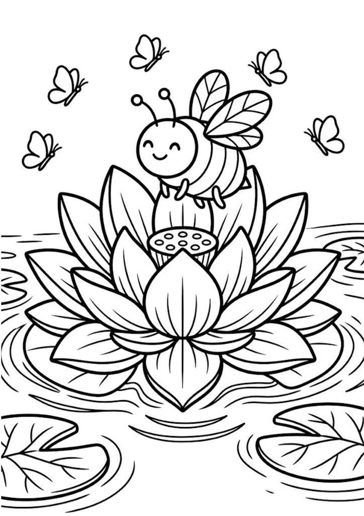 Desenho de uma abelhinha fofa sorrindo, pousada em uma flor de lótus, com borboletas ao redor para colorir.