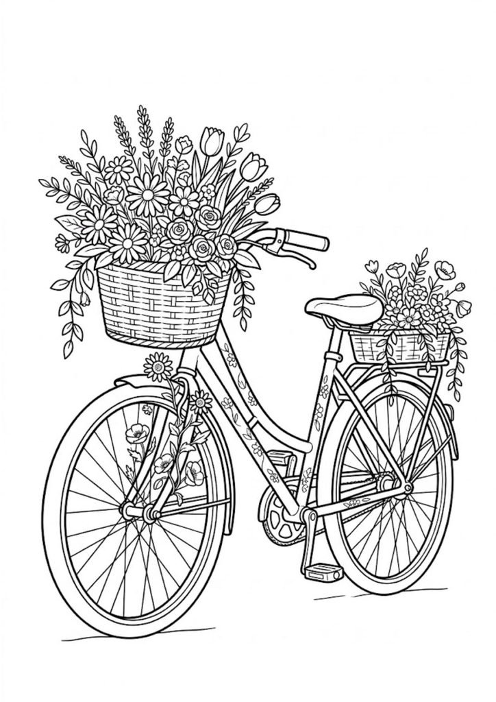 Desenho de bicicleta vintage com cestas repletas de flores para colorir e imprimir.