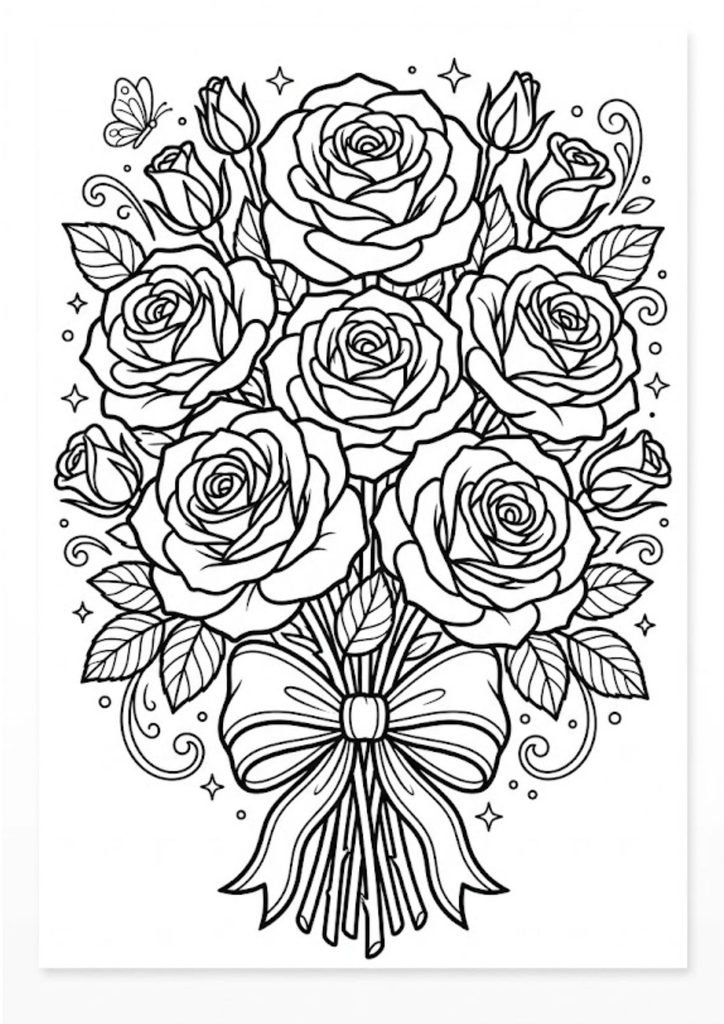 Desenho de buquê de rosas abertas e em botão, amarrado com um grande laço, para colorir.