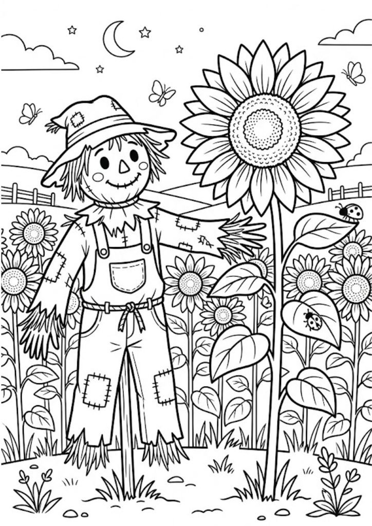 Desenho de espantalho sorridente em um campo de girassóis, com lua e estrelas, para colorir.