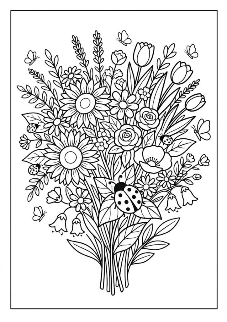 Desenho de buquê de flores do campo com joaninhas e borboletas para colorir.