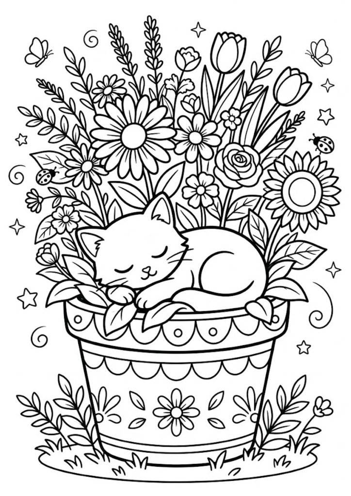 Desenho de gatinho fofo dormindo dentro de um vaso de flores com tulipas e margaridas para colorir.