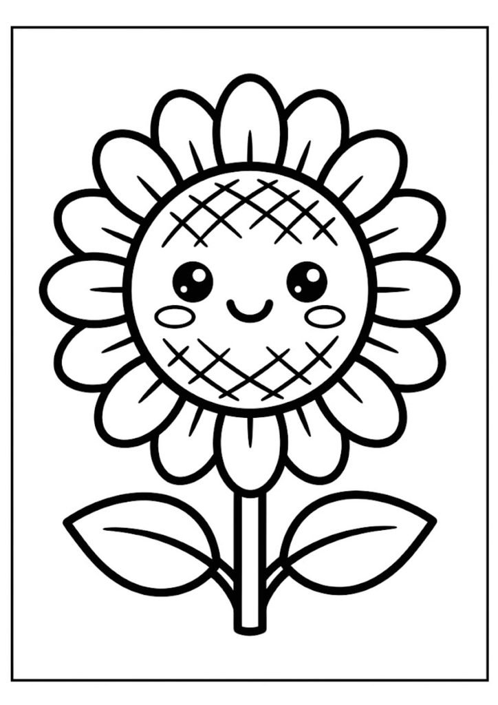 Desenho simples de girassol kawaii com rosto sorridente para colorir infantil.