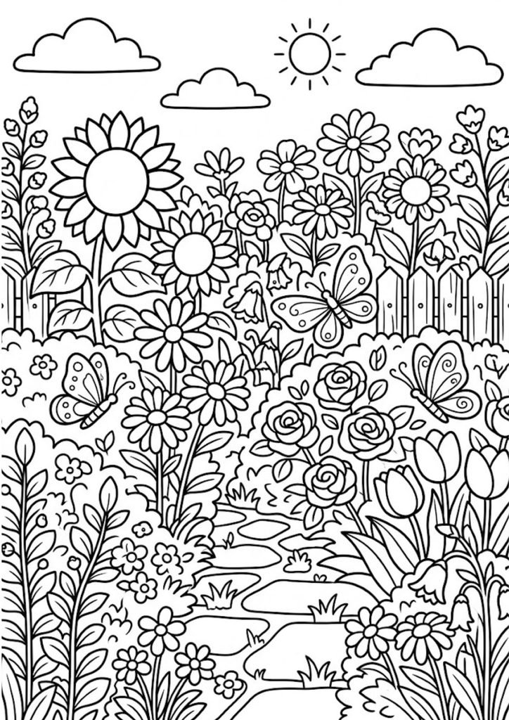 Desenho de jardim com flores, caminho de pedras, cercas, sol e borboletas para colorir.