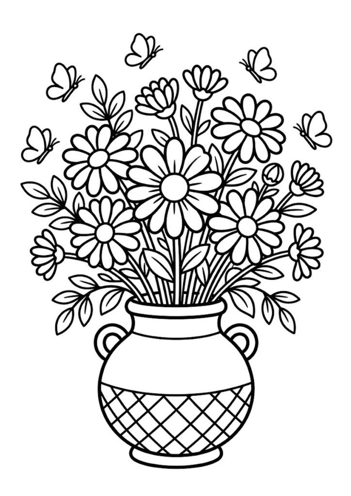 Desenho de vaso decorado cheio de margaridas e borboletas para colorir e imprimir.